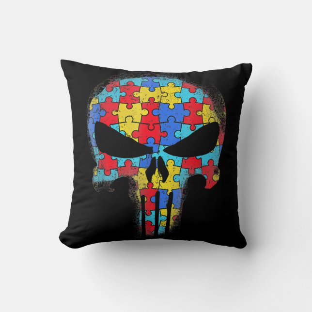Skull Autism Awareness Tee Mom Dad Kids Autism  Throw Pillow (Front)