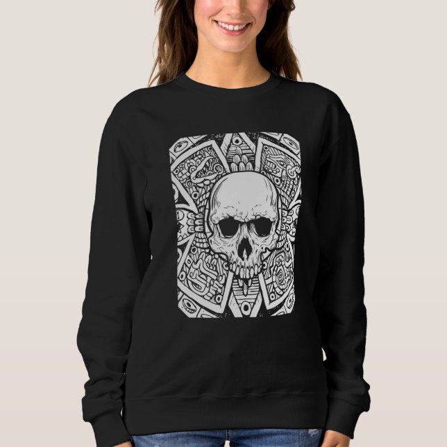 Skull Aztec Calendar Dia De Los Muertos Mexican Da Sweatshirt (Front)