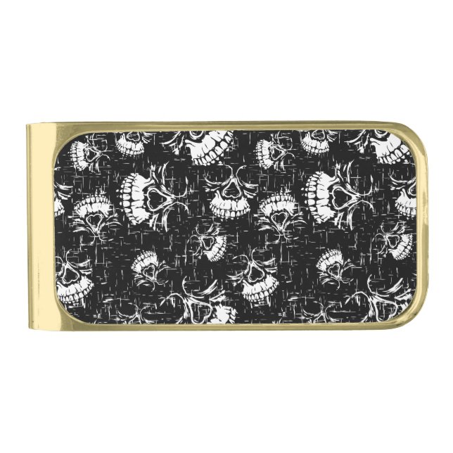 skull background gold finish money clip (Front)