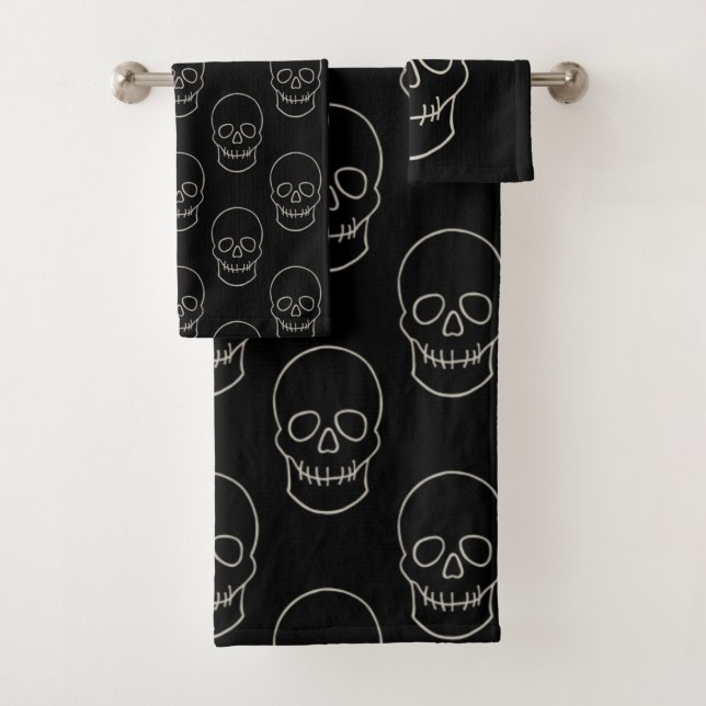 Skull - Bat Black and Bone White Bath Towel Set (Insitu)