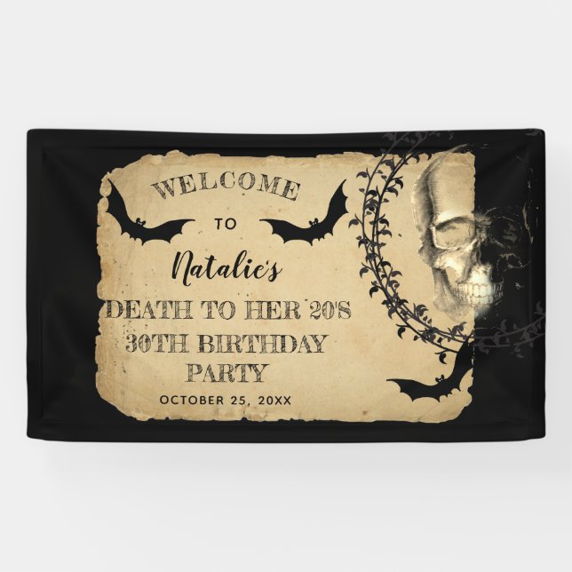 Skull Bats Death to Her 20s Birthday Party Banner (Horizontal)