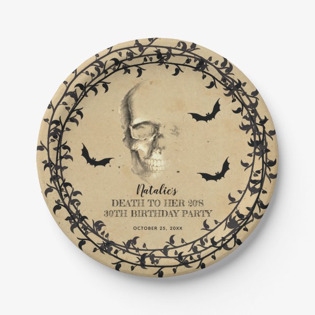 Skull Bats Death to Her 20s Birthday Party Paper Plates (Front)
