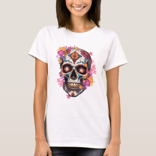 Skull between colored flowers T_Shirt