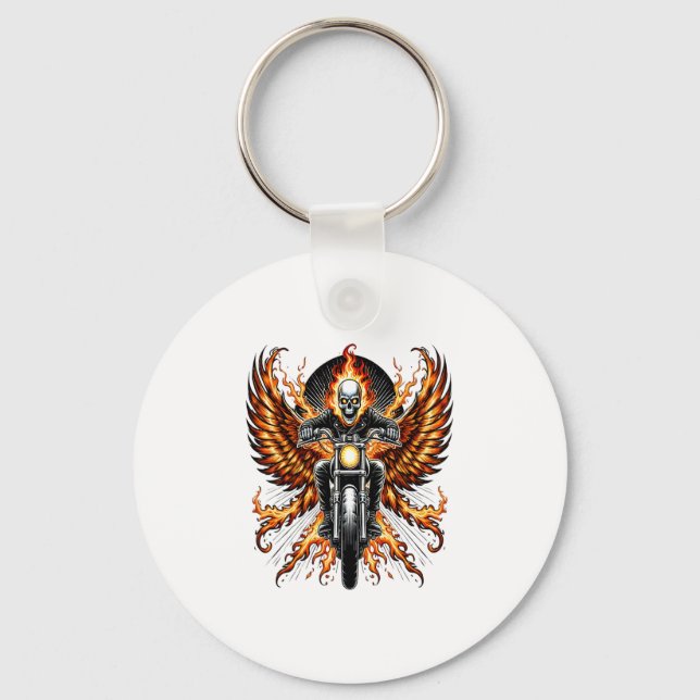 Skull Biker Flame Winged Motorcycle Keychain (Front)