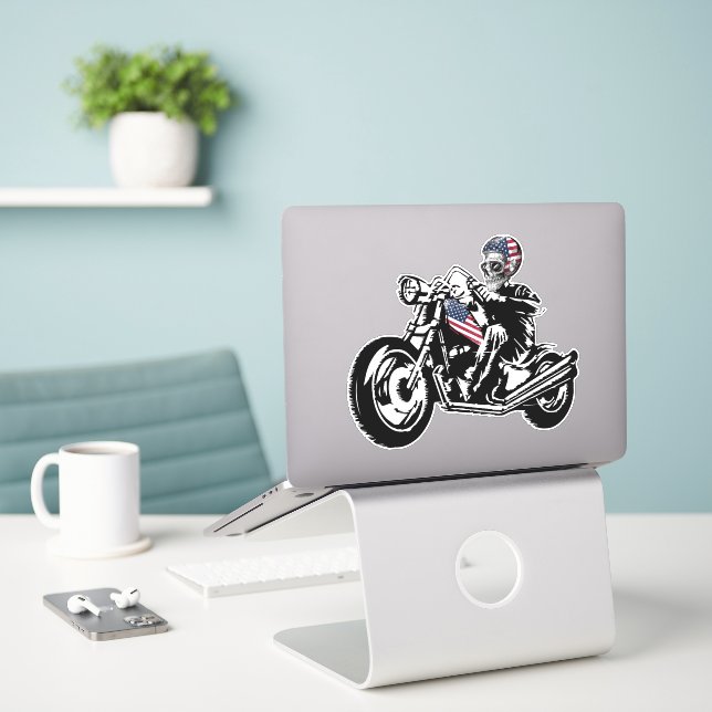 Skull Biker withAmerican Flag Sticker (Laptop On Desk)