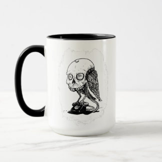 Skull bird perched on a vintage rotary phone mug