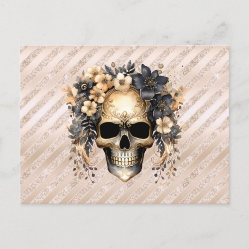 Skull Black and Gold Flowers Gold Stripe Halloween Holiday Postcard
