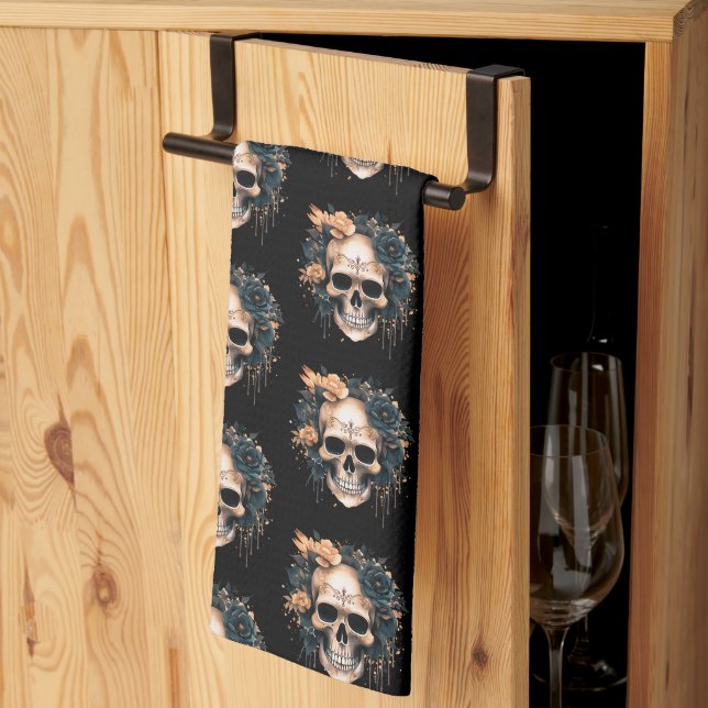 Skull Black and Gold Flowers Pattern Halloween Kitchen Towel (Thirds Fold)