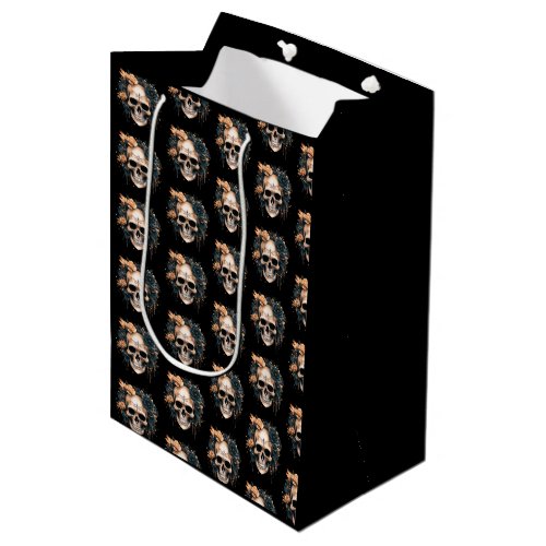 Skull Black and Gold Flowers Pattern Halloween Medium Gift Bag