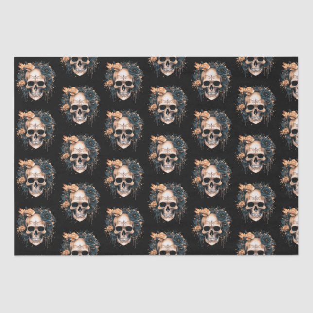 Skull Black and Gold Flowers Pattern Halloween Tissue Paper (Front)