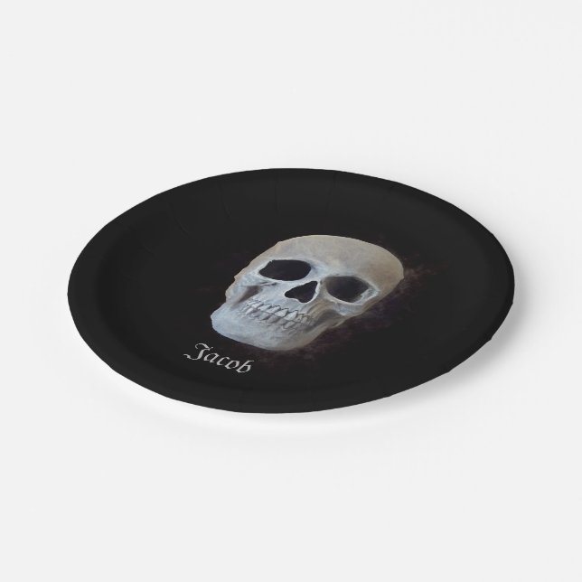 Skull Black And White Gothic Trendy Art Design Paper Plates (Angled)