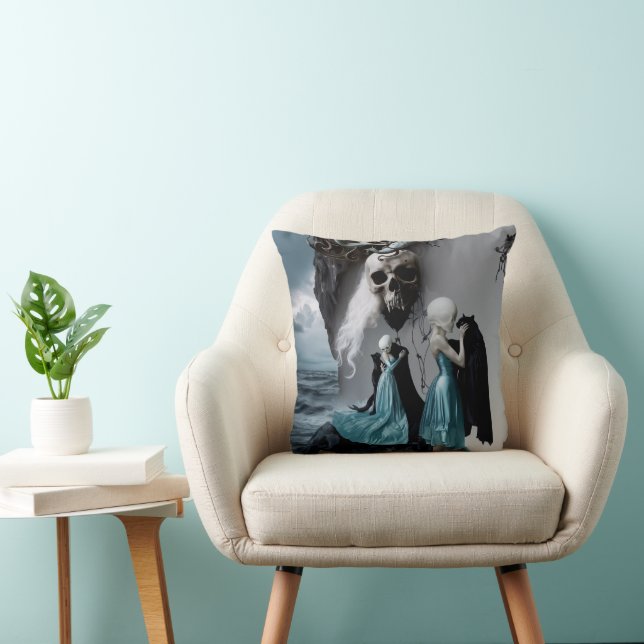 Skull Black Cat Shadow Work Occult Witchy AI Art Throw Pillow (Chair)
