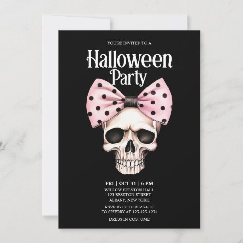 Skull Black Dots Bow Pink Horror Halloween Party Invitation