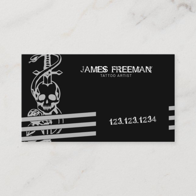 Skull Black Modern Dark Grunge Tattoo Artist Business Card (Front)
