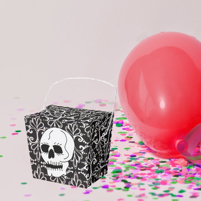 Skull Black White Damask Scrolls Favor Boxes (White skull on classy black and white damask pattern on chinese Food shaped favor box.)