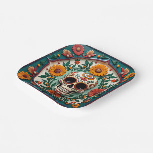 💀🌹Skull & Bloom Square Dia de los MuertosFiesta Paper Plates