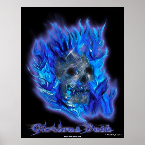 SKULL  BLUE FLAMES Aaryn Steele Art Poster