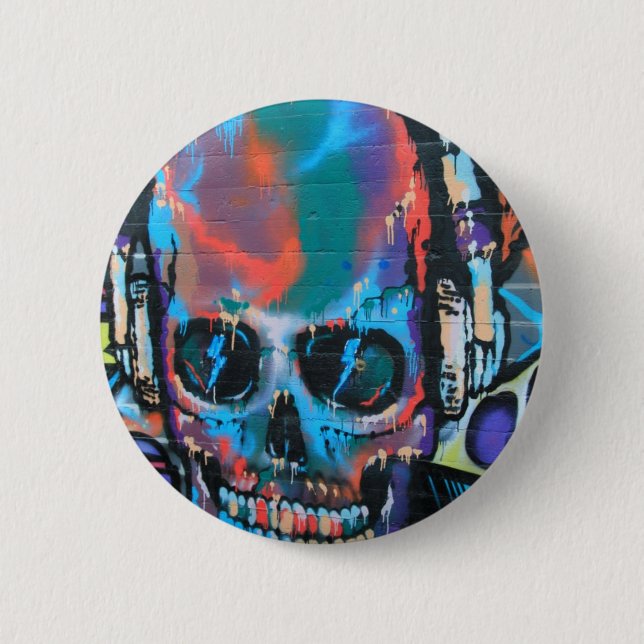 Skull, blue music Graffiti street art, urban goth Pinback Button (Front)