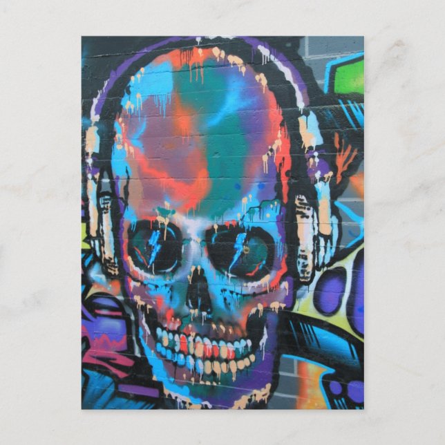 Skull, blue music Graffiti street art, urban goth Postcard (Front)