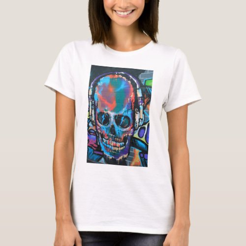 Skull blue music Graffiti street art urban goth T_Shirt