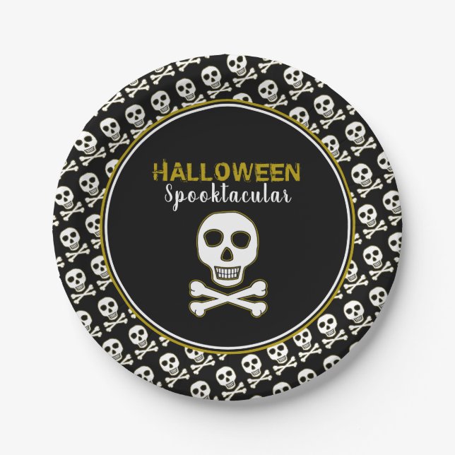 Skull & Bones, Gold Halloween Party Paper Plates (Front)