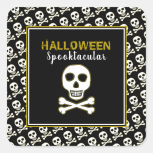 Skull & Bones, Gold Halloween Party Square Sticker