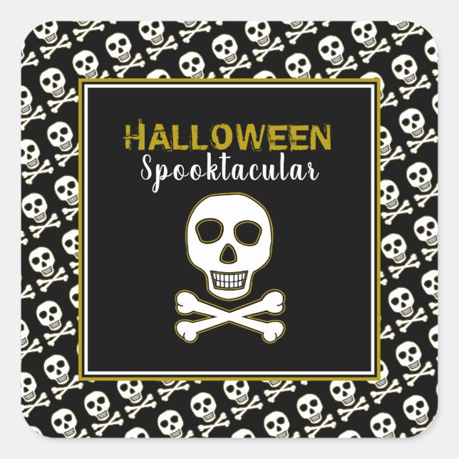 Skull & Bones, Gold Halloween Party Square Sticker (Front)