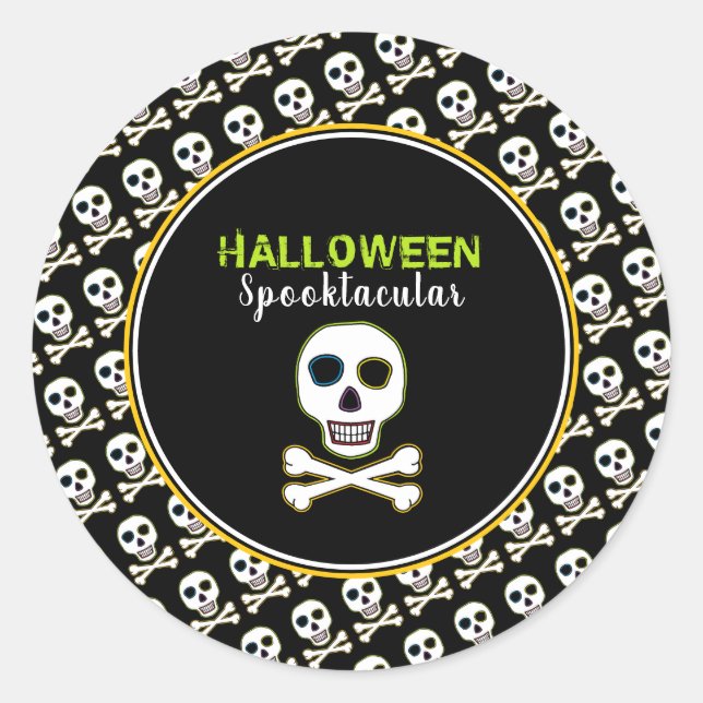 Skull & Bones, Neon Halloween Party Classic Round Sticker (Front)