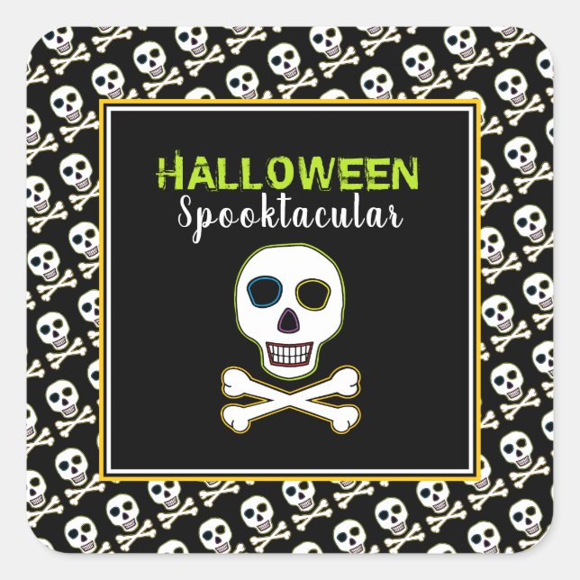 Skull & Bones, Neon Halloween Party Square Sticker (Front)
