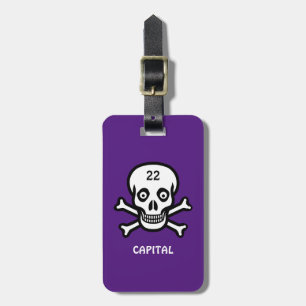 Skull, bones on royal purple luggage tag