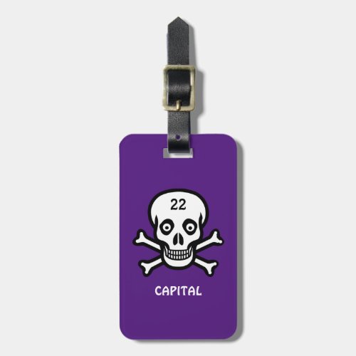 Skull bones on royal purple luggage tag