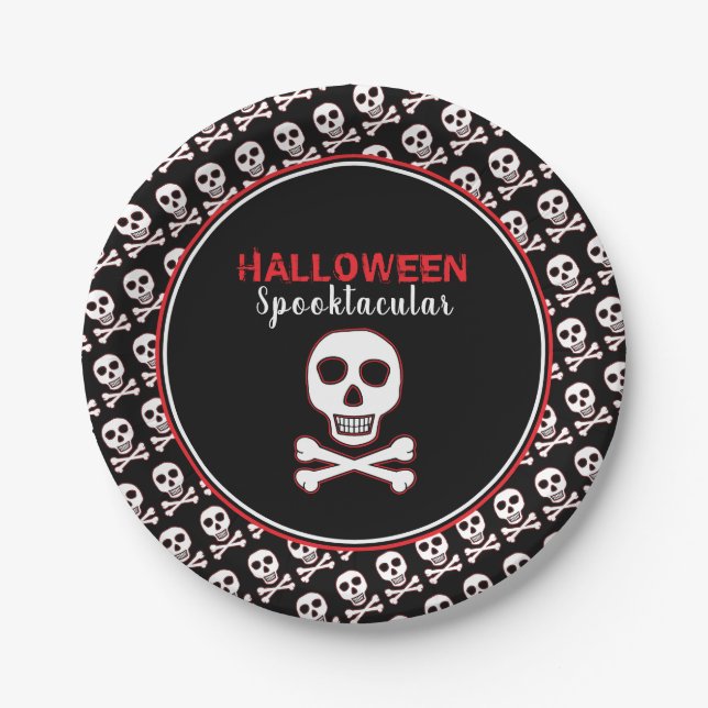 Skull & Bones, Red Halloween Party Paper Plates (Front)