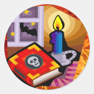 Skull Book, Candle Stick and Bat Outside Classic Round Sticker