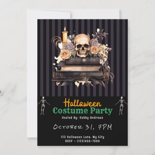 Skull Books Gold and Gray Roses Black Halloween Invitation