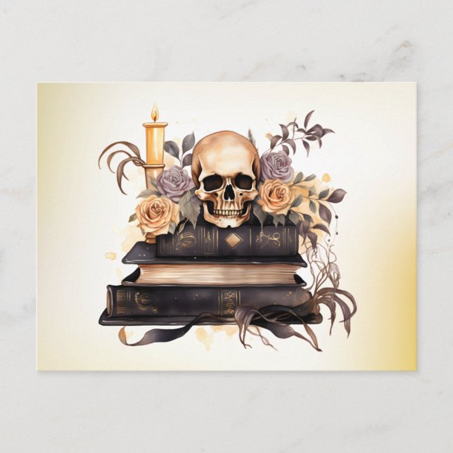 Skull Books Gray and Gold Roses Green Halloween Holiday Postcard (Front)