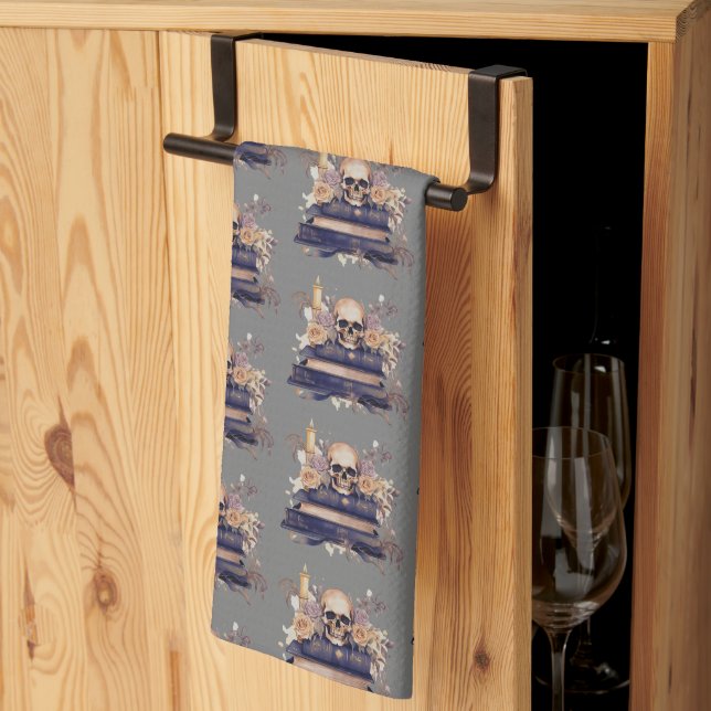 Skull Books Gray Gold Roses Pattern Halloween Kitchen Towel (Thirds Fold)