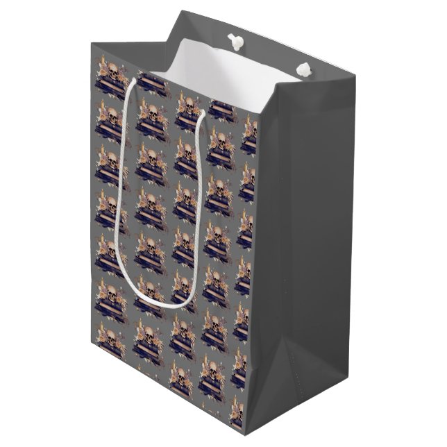 Skull Books Gray Gold Roses Pattern Halloween Medium Gift Bag (Front Angled)