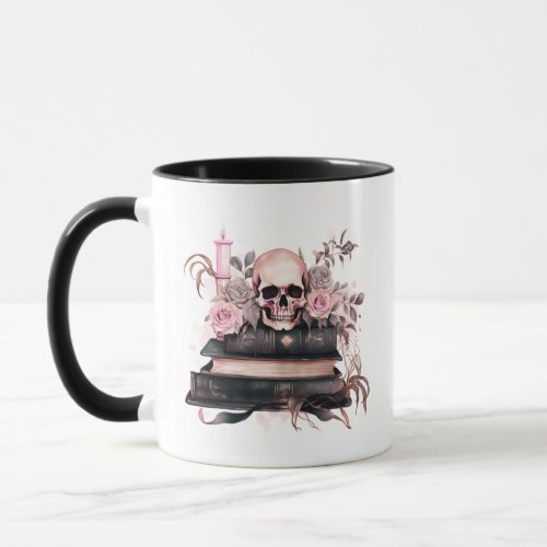 Skull Books Pink and Gray Roses Halloween Mug