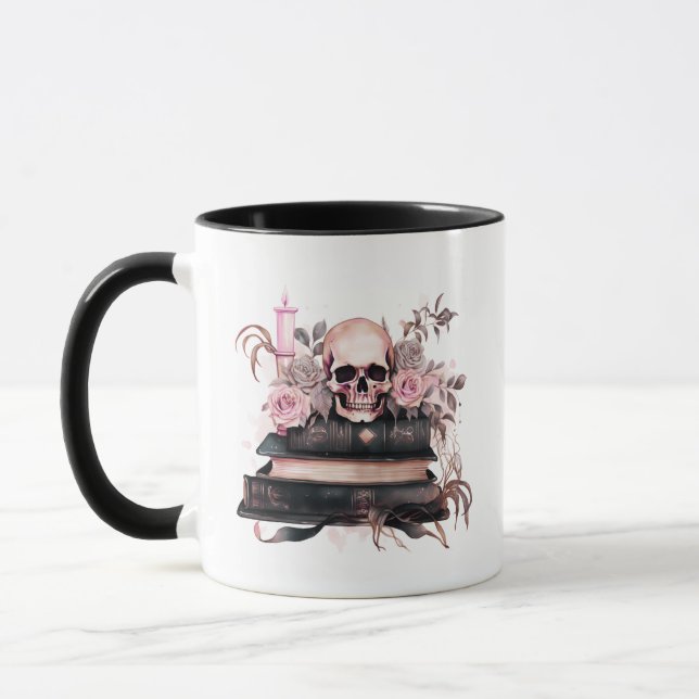 Skull Books Pink and Gray Roses Halloween Mug (Left)