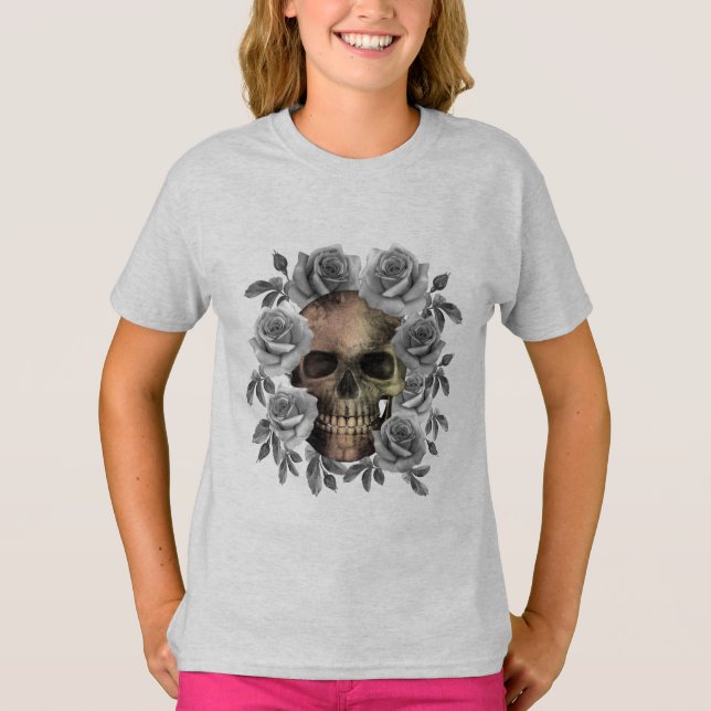 SKULL BOUQUET FLOWERS BLACK AND WHITE T-Shirt (Front)