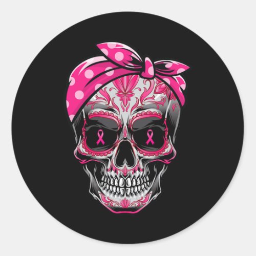 Skull Breast Cancer Awareness Pink Ribbon Calavera Classic Round Sticker