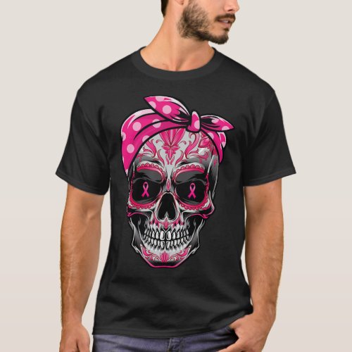 Skull Breast Cancer Awareness Pink Ribbon Calavera T_Shirt