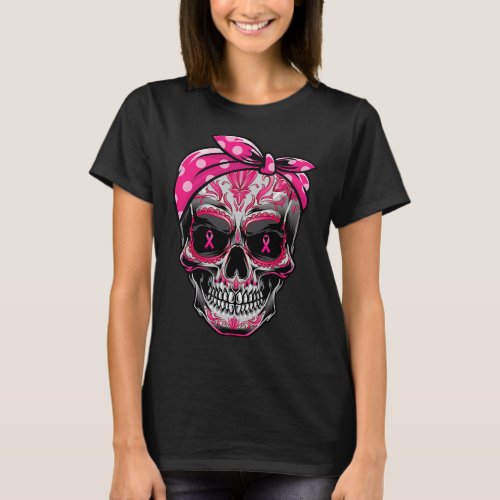 Skull Breast Cancer Awareness Pink Ribbon Calavera T_Shirt