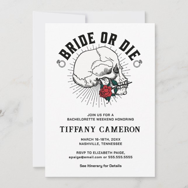 Skull Bride or Die Gothic Bachelorette Party Invitation (Front)