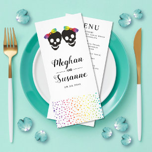 Skull brides, rainbow lesbian wedding menu card