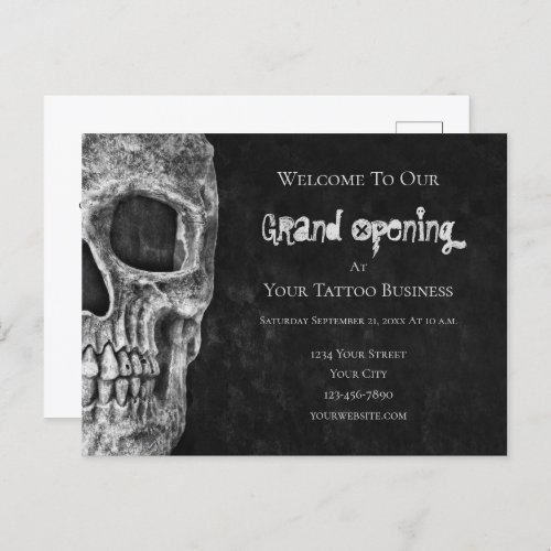 Skull Budget Grand Opening Black White Tattoo Shop Postcard