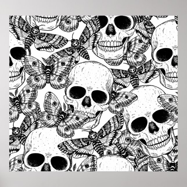 Skull, butterflies: hand-drawn vintage pattern poster (Front)