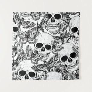 Skull, butterflies: hand-drawn vintage pattern tapestry