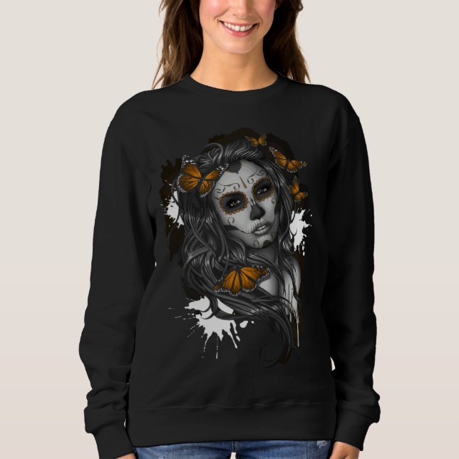 Skull Butterfly Sugar Skull  sad emo girl y2k goth Sweatshirt (Front)