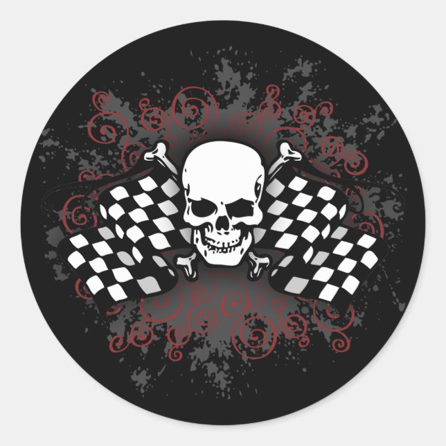 Skull-checkered flags-splat classic round sticker (Front)